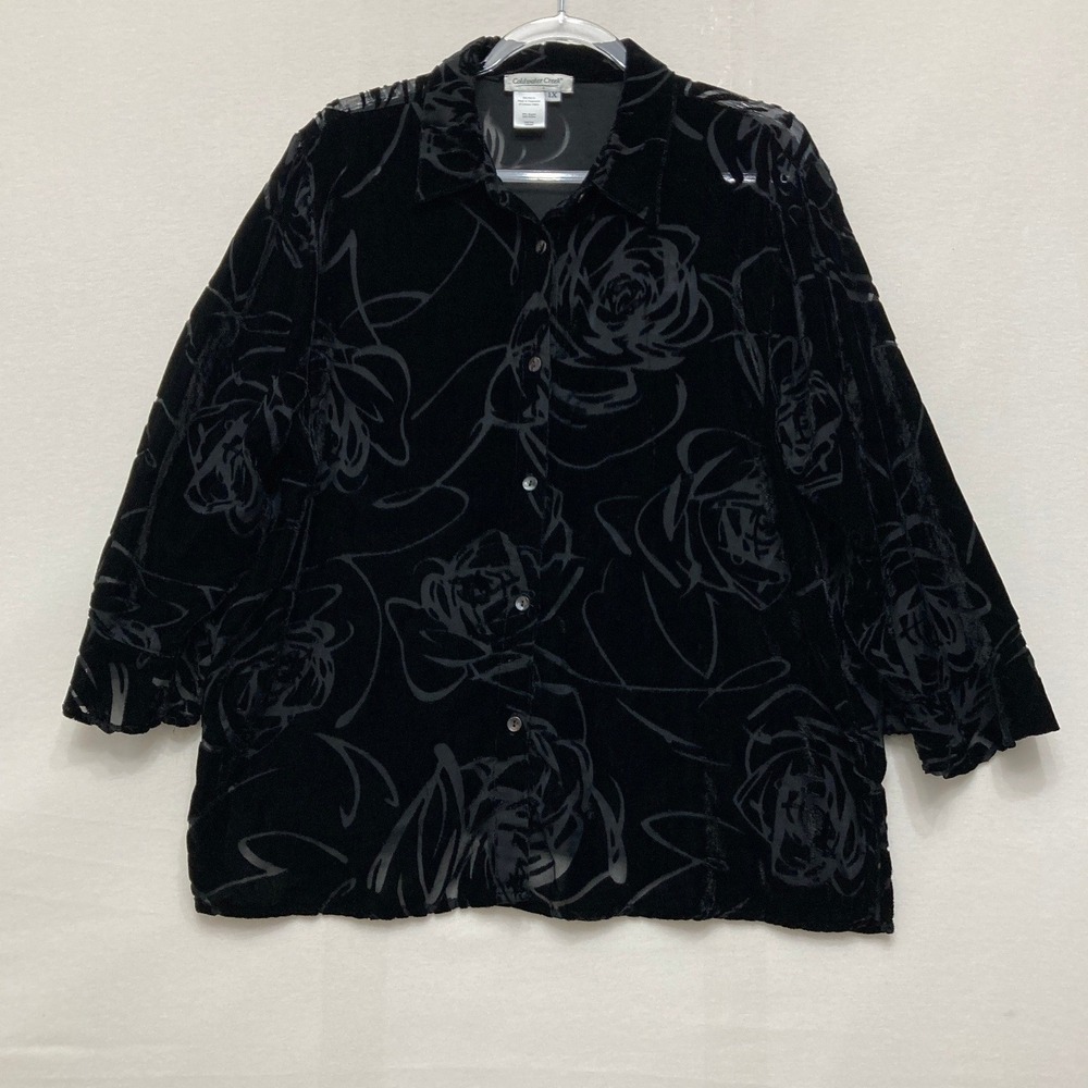 Coldwater Creek Button Up Shirt 1X Black Velvet Burnout Floral Rose Top